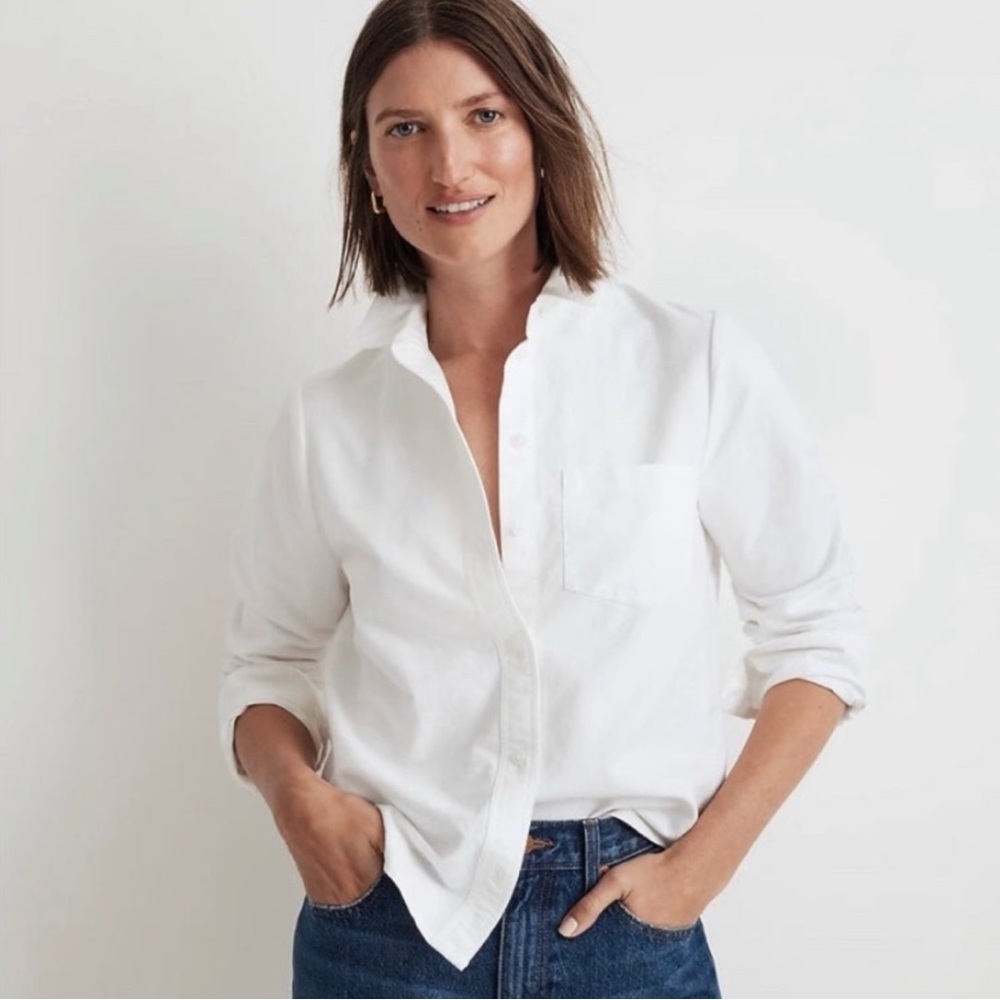 Madewell Oxford Button-Up Shrunken Shirt Blouse White, gently worn